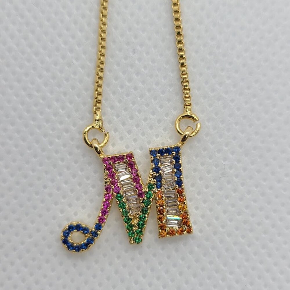 Initial M Necklace with Multicolored cubic Zirconia